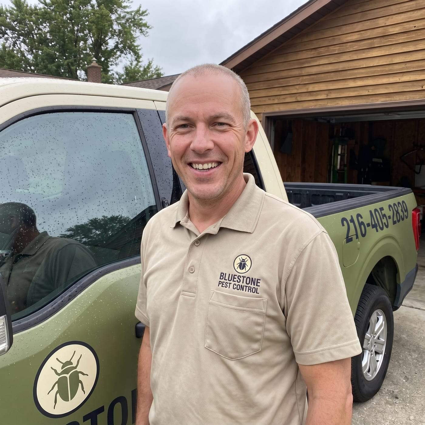 Finley Patel, manager of Bluestone Pest Control, smiling in a tan polo shirt with the beetle logo, standing beside the olive and cream service truck
